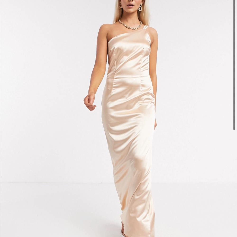 TFNC Bridesmaid one shoulder satin maxi dress in champagne